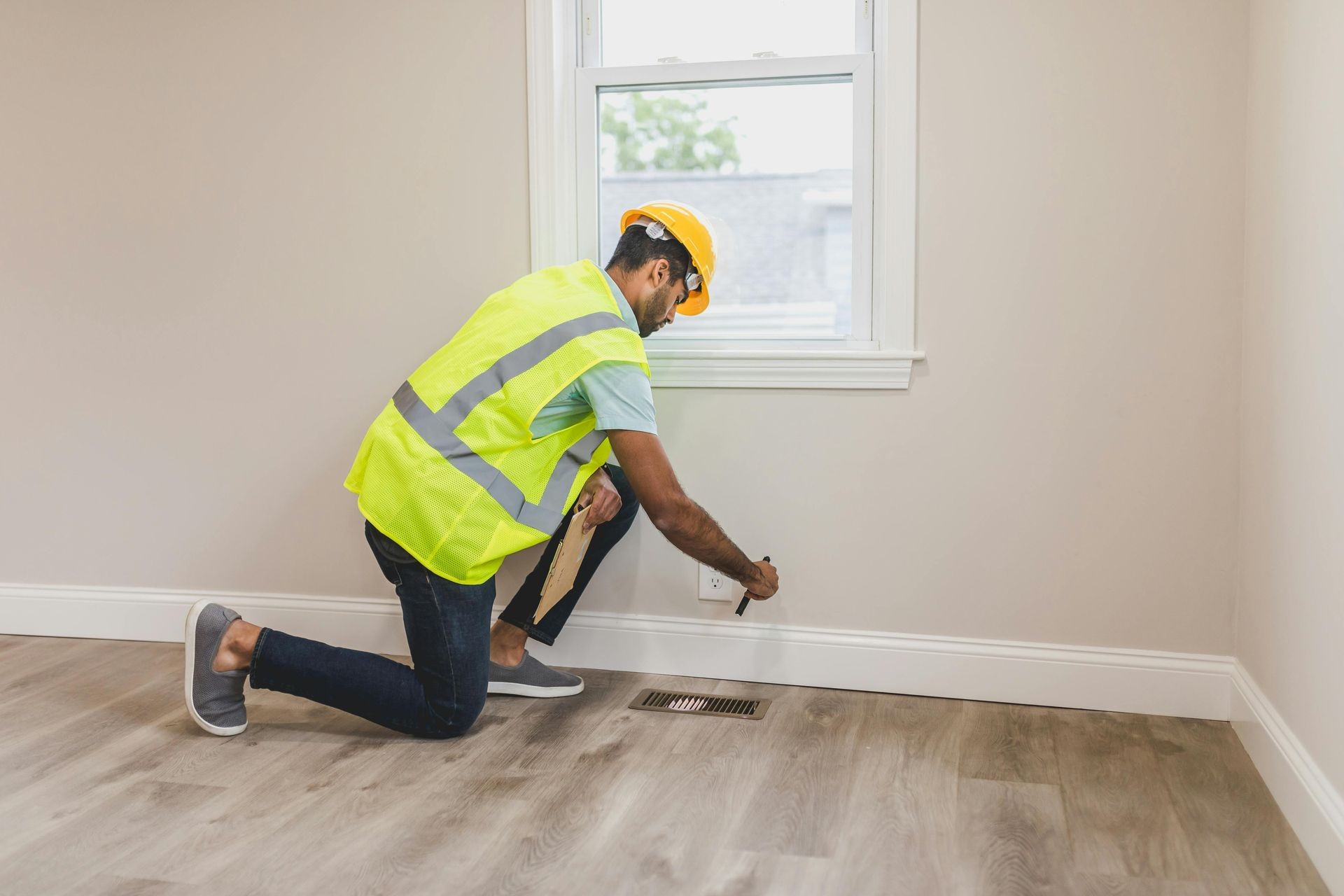 Construction worker in safety gear inspecting electrical outlet near window in a new room.