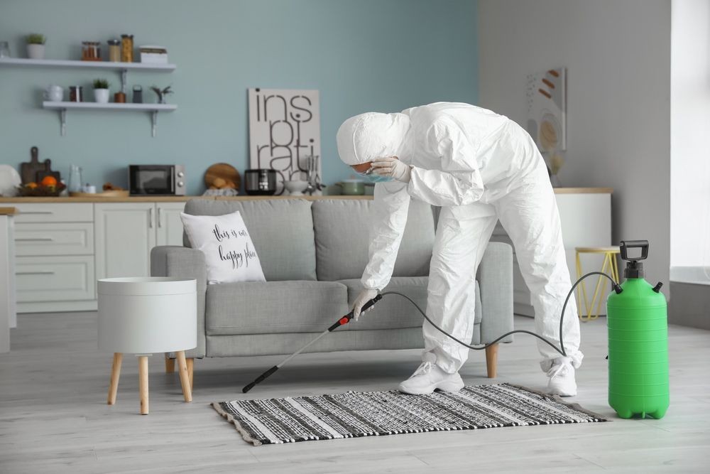 Person in protective suit cleaning a rug with a spraying device in a modern living room.